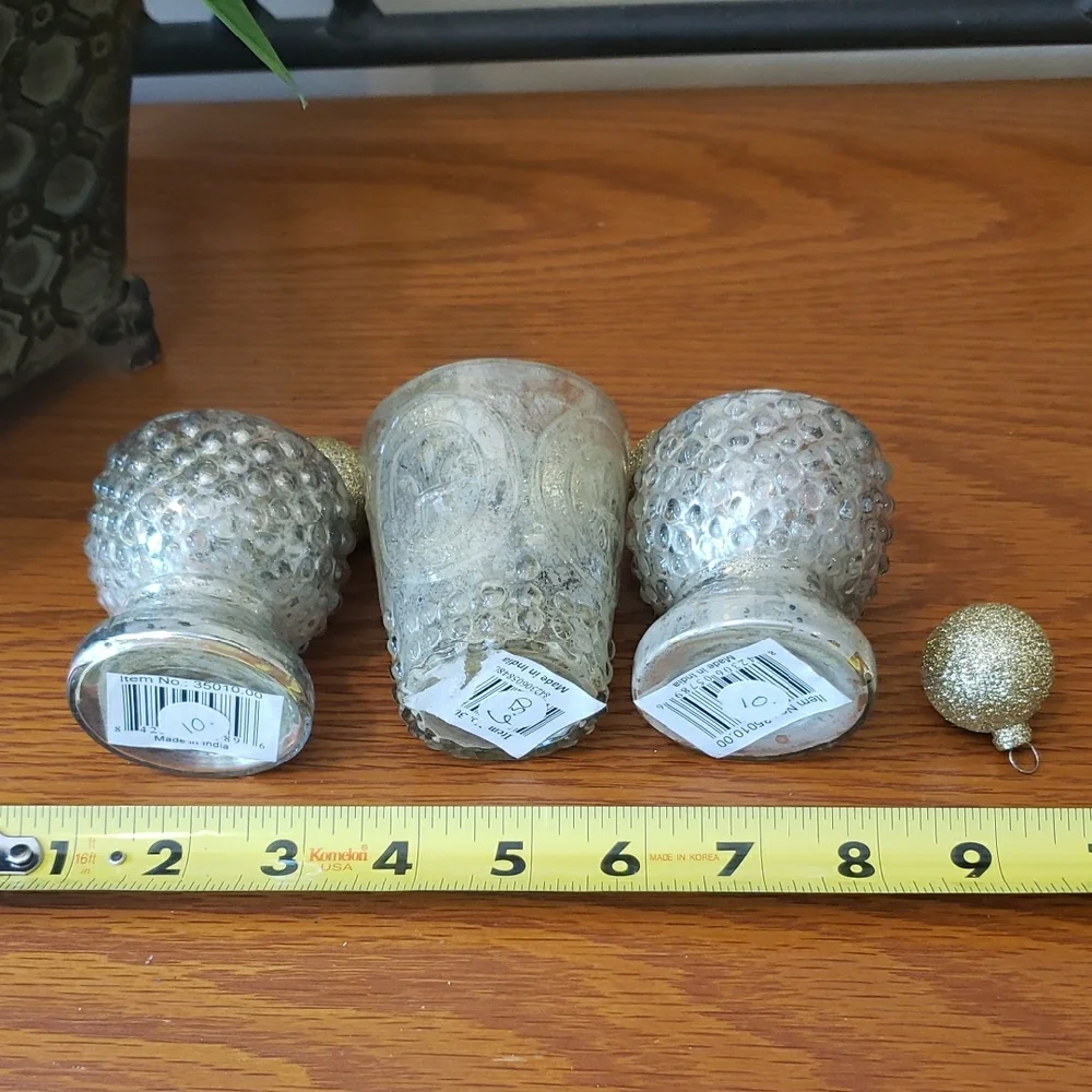 Painted Gold Decorative Tealight/Votive Holder Set (3) w/ Glitter Ball Ornaments